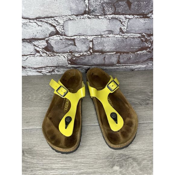 Birkenstock Gizeh Yellow Patent Leather Cork Slide Sandals Women Sz 37EU/6.5M US - Picture 14 of 16